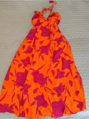 Entro Orange & Pink Floral Print Halter Neck Women's Maxi Dress